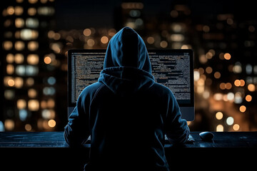 Mysterious Hacker Night Cityscape Digital Art Coding Screens Dark Hoodie Programmer web code data   