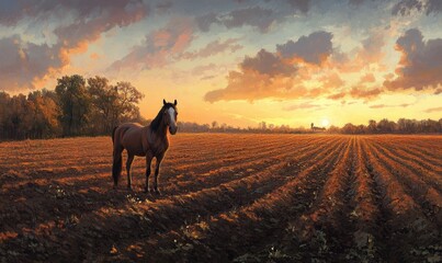 Horse standing in a plowed field during sunset