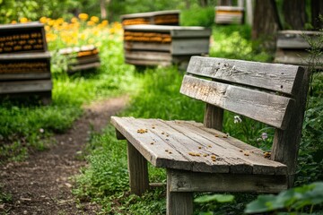 Fototapeta premium Rustic wooden bench invites quiet reflection in a vibrant garden filled with buzzing hives and blooming flowers. Generative AI