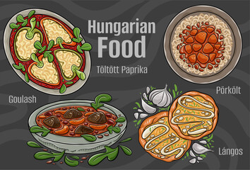 A hand-drawn vector illustration featuring a collection of famous Hungarian dishes.