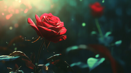 Obraz premium Vibrant red rose blooming in a lush garden, symbolizing love and romance, perfect for a Valentine's Day theme