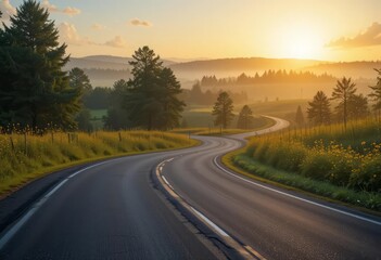 Obraz premium A serene winding road cutting through lush countryside with vibrant wildflowers and trees, illuminated by a golden sunrise.