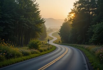 Fototapeta premium A serene winding road cutting through lush countryside with vibrant wildflowers and trees, illuminated by a golden sunrise.