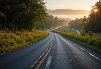 Obraz premium A serene winding road cutting through lush countryside with vibrant wildflowers and trees, illuminated by a golden sunrise.