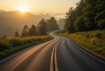 Fototapeta premium A serene winding road cutting through lush countryside with vibrant wildflowers and trees, illuminated by a golden sunrise.