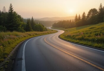 Obraz premium A serene winding road cutting through lush countryside with vibrant wildflowers and trees, illuminated by a golden sunrise.
