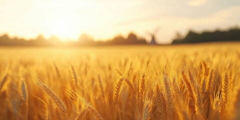 Fototapeta premium A golden barley field with the mature ears of barley glowing under the soft light of the setting sun