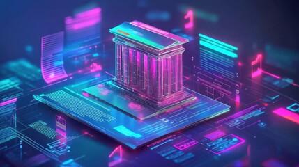 Futuristic digital showcasing of banking regulations and compliance documents, banking, regulations, compliance