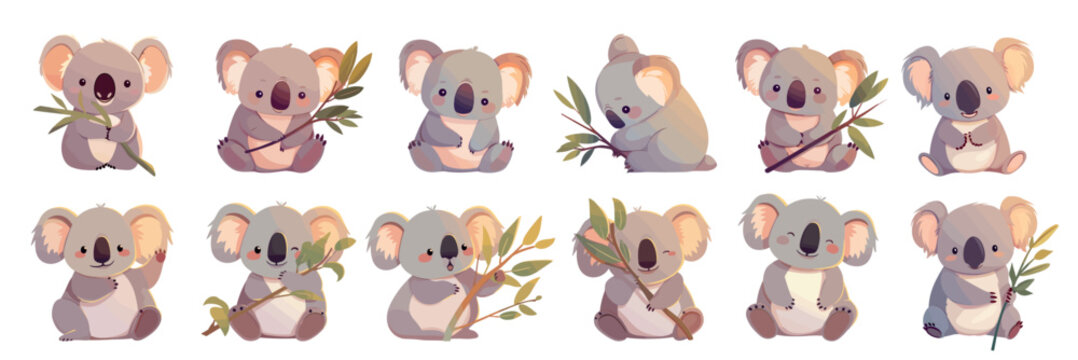 koalas cartoon set. cute character gray koala with branch, animal nature kind smile australia vector illustration