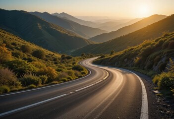 A serene winding road cutting through lush countryside with vibrant wildflowers and trees, illuminated by a golden sunrise.