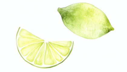 Watercolor illustration of a whole lime and a sliced lime wedge on a white background