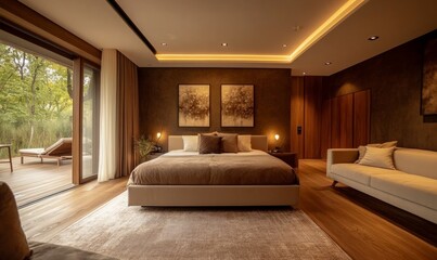 Interior design of room with wooden floors, brown wall and beige furnishings