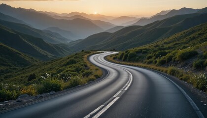 A winding mountain road surrounded by rolling green hills and bathed in warm sunrise light, creating a serene landscape.