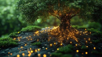 A visually striking digital artwork depicting lush green trees rising from a futuristic circuit board.