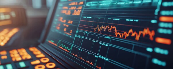 Obraz premium Futuristic stock market trading interface with glowing charts and analytics in a high-tech digital space
