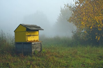 Misty morning envelops an empty apiary highlighting natures quiet beauty in the soft light of dawn. Generative AI
