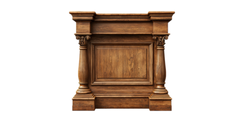 Wooden fireplace mantel with ornate columns isolated on transparent background