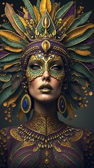 Fototapeta premium Stunning portrait of a model adorned in vibrant, nature-inspired headpiece and intricate body art during a cultural celebration