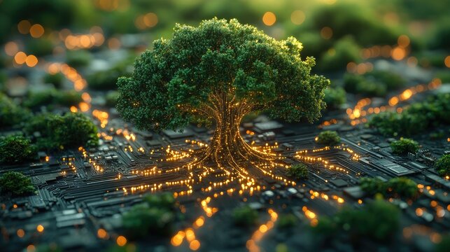 A visually striking digital artwork depicting lush green trees rising from a futuristic circuit board.