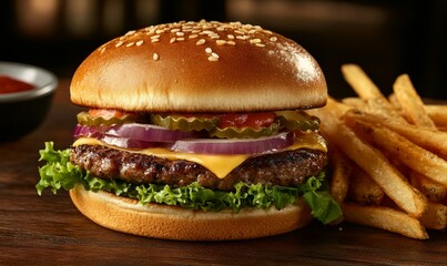 Juicy burger with fresh toppings and crispy fries on a wooden table