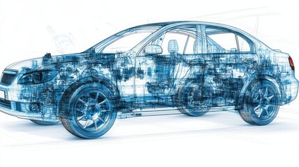 Fototapeta premium Transparent Car Blueprint, Technical Drawing, Automotive Design, 3D Render, Professional Stock Photo