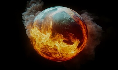 Fototapeta premium lanet is on fire and surrounded by smoke. The fire is so intense that it has melted the planet's surface