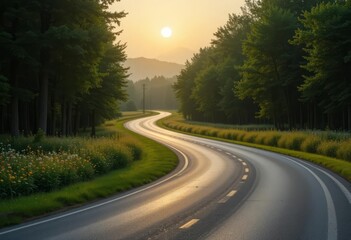 Obraz premium Mountain road winding through hills at sunrise 