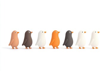 Fototapeta premium Colorful cartoon penguins in a row, showcasing diversity and playfulness against a white backdrop