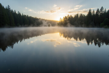 Fototapeta premium Serene forest lake with morning mist and golden sunrise