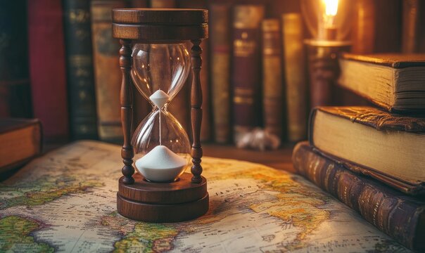 Hourglass on vintage world map with books and warm lighting