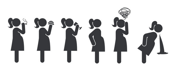 Bundle set pictogram icon for pregnant women, isolated on a white background, suitable for health or warning materials