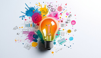 artistic representation of light bulb surrounded by colorful splashes and creative doodles, symbolizing innovation and ideas