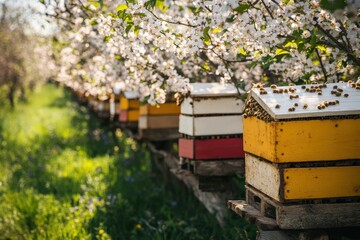 Buzzing activity among vibrant beehives nestled in blooming fruit trees under a clear blue sky. Generative AI