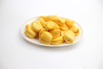 Jackfruit pulps in a white plate isolated on white background
