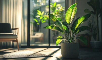 Fototapeta premium Leafy plant is in a room with a window. The sunlight is shining on the plant, making it look vibrant and healthy.