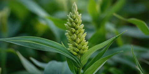 An up-close shot of wheat heads fully emerging from their sheaths