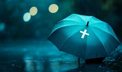 Insurance benefit choices concept. teal umbrella with medical cross symbol stands in rain, symbolizing protection