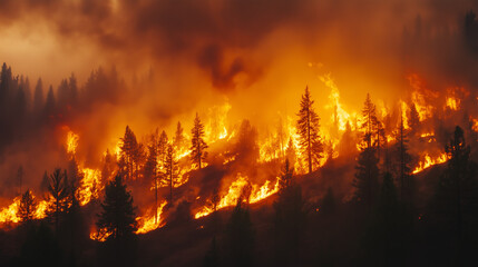 Artwork depicting environmental disaster and wild fires, the theme of global warming, climate change and environmental destruction.