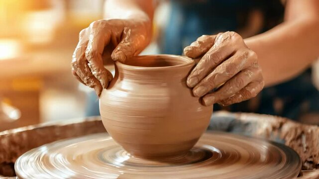 Hands shaping clay on a pottery wheel with artistic focus