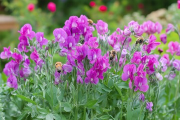 Fototapeta premium Bees thrive while gathering nectar from vibrant sweet peas in a lush garden during the golden hour. Generative AI