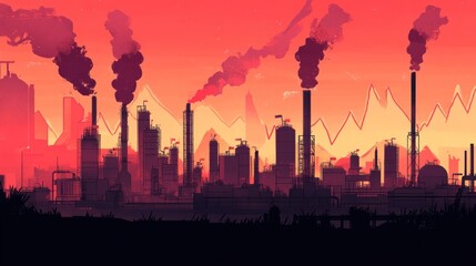 Obraz premium Industrial Complex Silhouette Against Sunset Sky