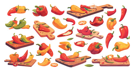 peppers set cartoon. red yellow green sweet hot chili pepper on wooden board, fresh vegetable food vitamins cooking spice taste vector illustration