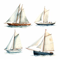 Obraz premium A beautiful set of four watercolor illustrations showcasing sailboats with white sails gracefully positioned on a clean white background. Each boat is facing the left and features unique hull colors.