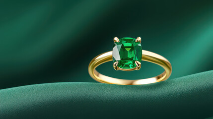 Emerald Engagement Ring: A close-up of a stunning emerald cut engagement ring set in gold, resting on a rich emerald green fabric background.