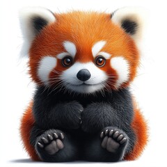 Adorable red panda cub sitting cutely, showcasing its fluffy fur and playful demeanor in a serene setting