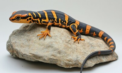 Obraz premium Lizard with orange and black stripes is laying on a rock. The lizard is small and has a long tail