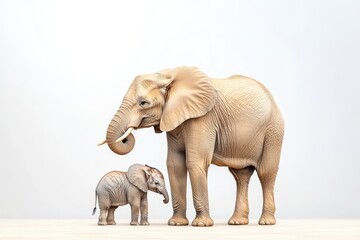 Obraz premium A mother elephant stands protectively beside her playful calf in a serene, minimalist studio setting