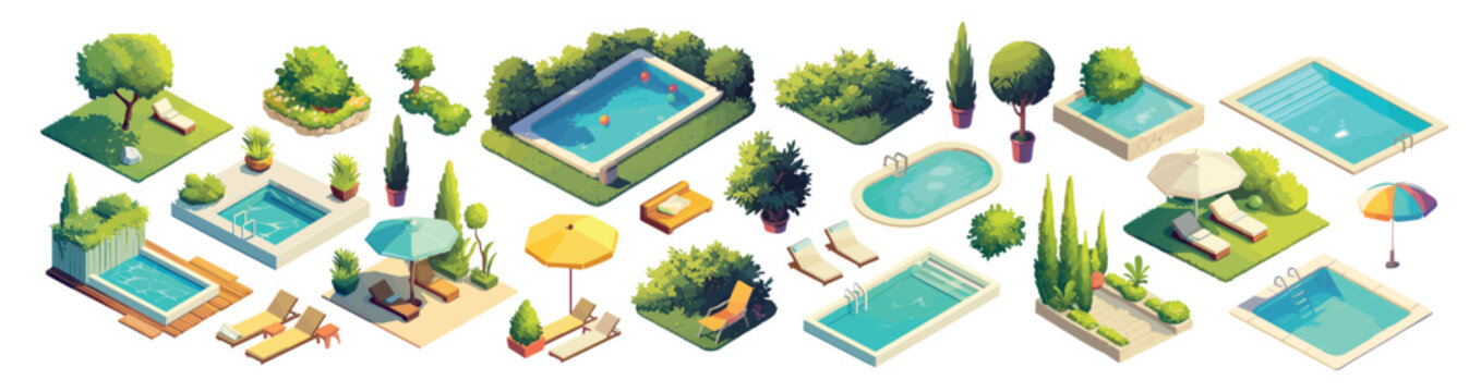 pools isometric cartoon. chaise lounge pool umbrella trees lawn bush recreation area elements set, rest vacation summer plant landscape design country house vector illustration
