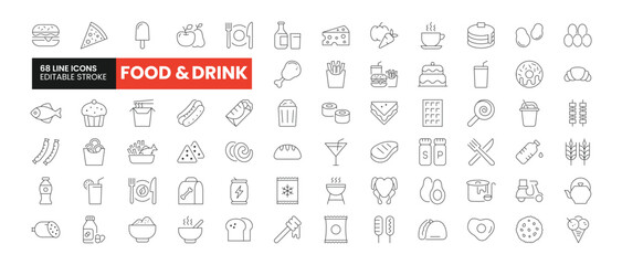 Set of 36 Food and Drink line icons set. Food and Drink outline icons with editable stroke collection. Includes Fruits, Vegetables, Cookies, Fast Food, Chicken, and More.