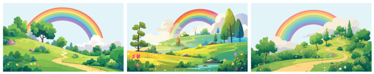 Obraz premium rainbow background cartoon. summer meadow after rain landscape set, clouds green trees path childhood fairy tale vector illustration